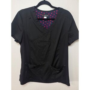 Koi Basics Becca Black Mock Wrap V-Neck Scrub Top Ribbed Side Panels Womens L